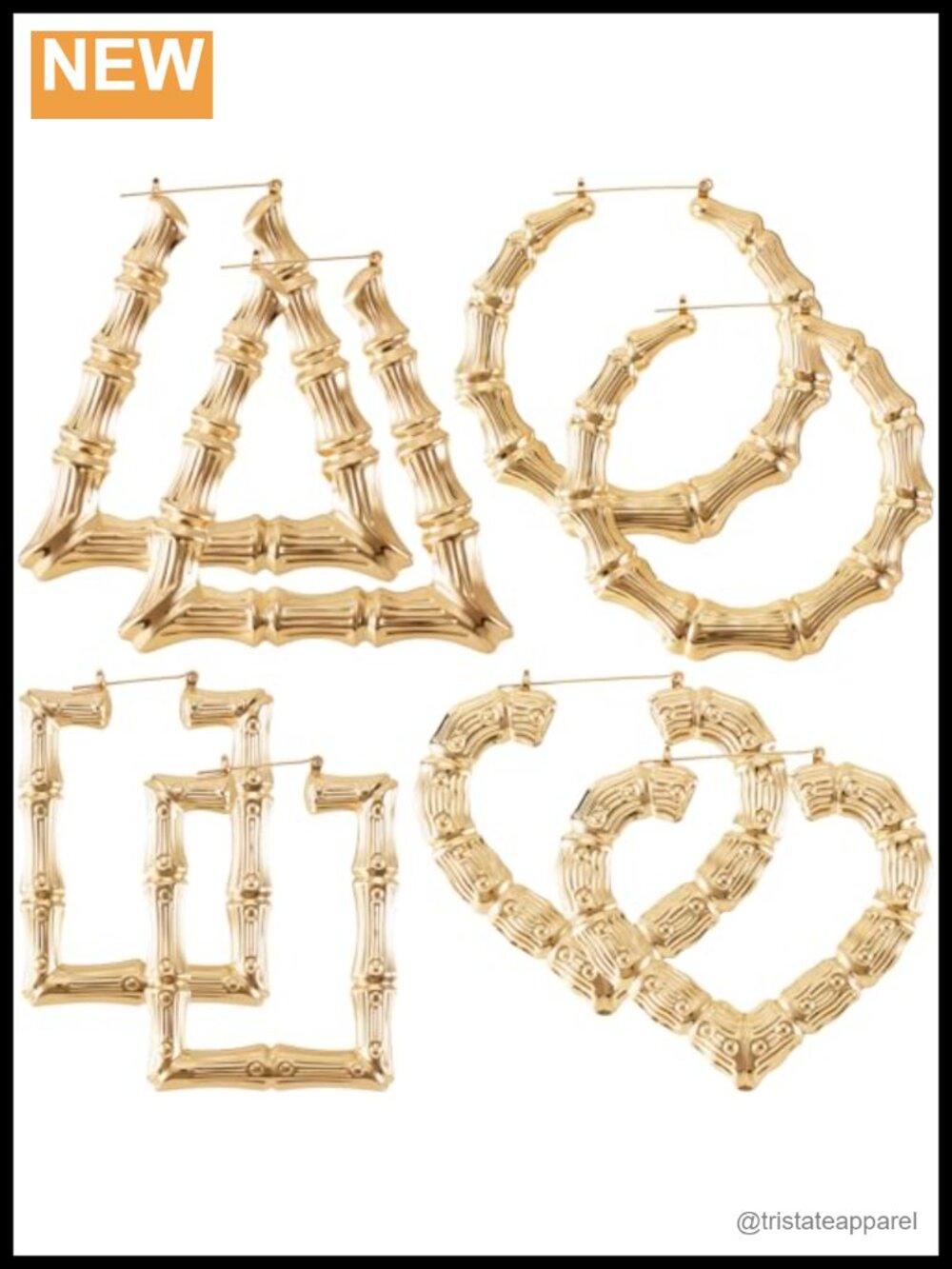 4 Pairs Large Bamboo Hoop Earrings 14K Gold Plated Stainless Steel